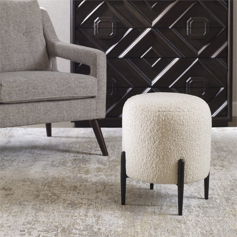 Uttermost Arles Contemporary Fabric Shearling Ottoman in White/Satin Black