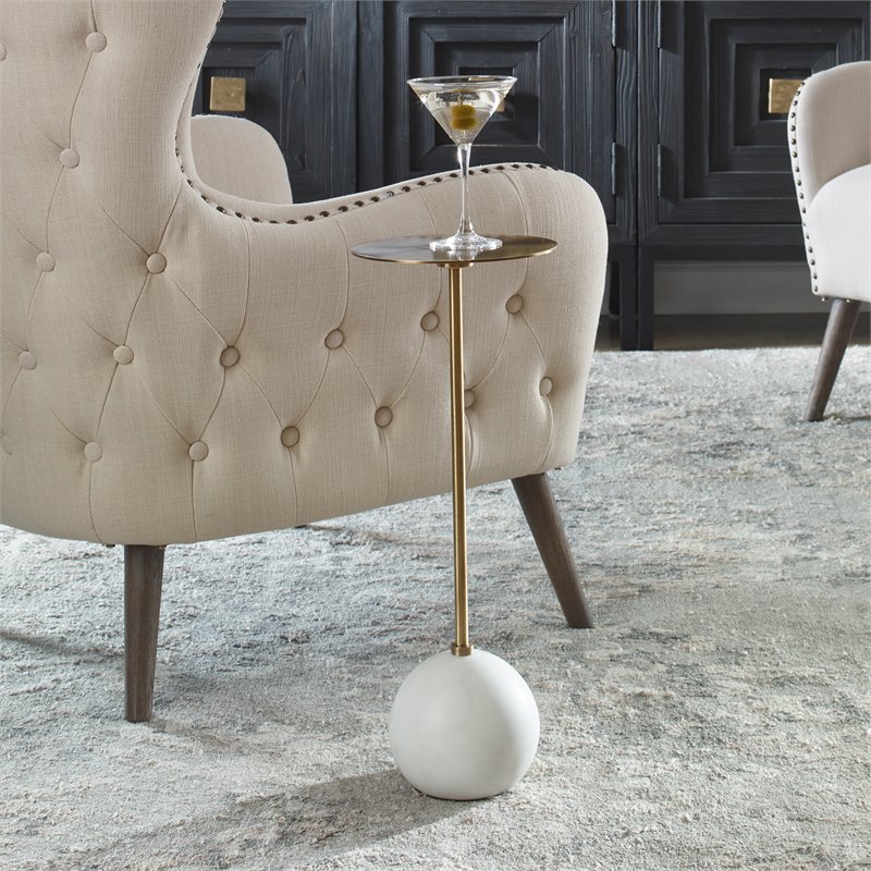 Uttermost Gimlet Contemporary Metal and Marble Drink Table in Honed White/Brass