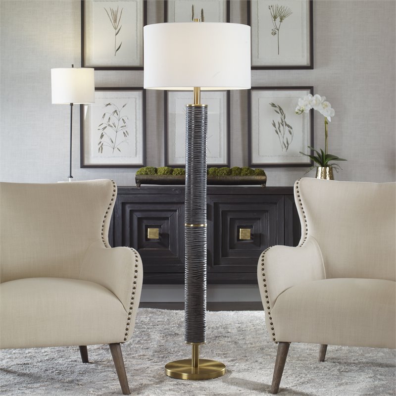 Uttermost Summit Contemporary Resin & Iron Floor Lamp in Gray-black/Brass