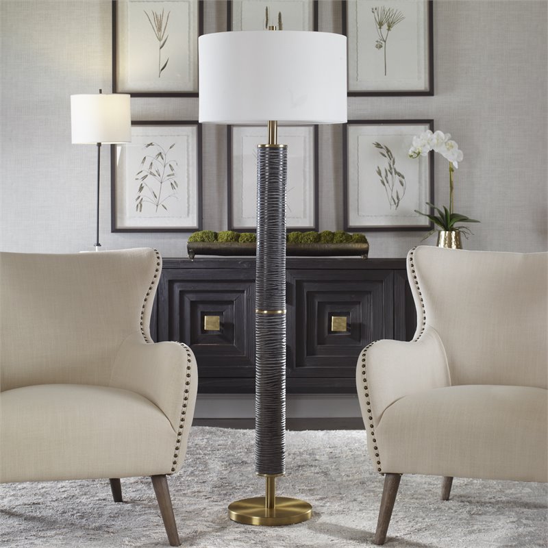 Uttermost Summit Contemporary Resin & Iron Floor Lamp in Gray-black/Brass