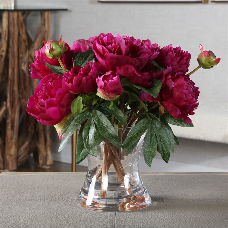 Uttermost Prima Peony Plastic Bouquet with Glass Vase in Pink/Clear