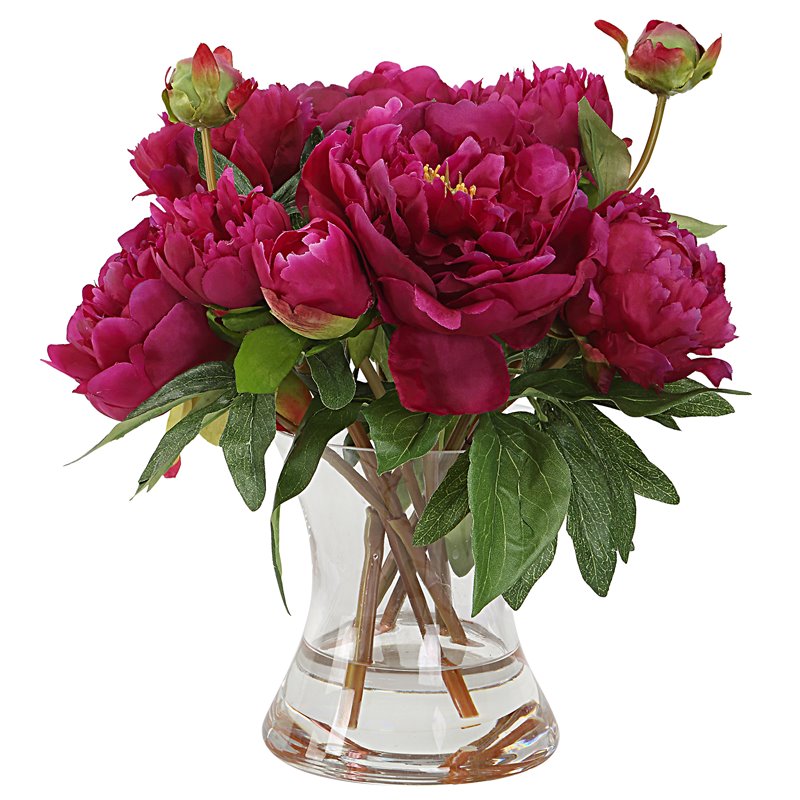 Uttermost Prima Peony Plastic Bouquet with Glass Vase in Pink/Clear