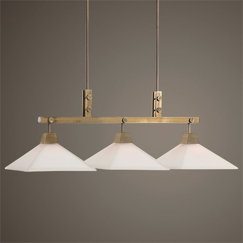 Uttermost Brookdale 3-Light Farmhouse Steel Metal Linear Chandelier in Brass
