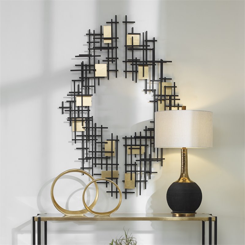 Uttermost Reflection Iron Metal Grid Wall Decor in Matte Black (Set of 2)