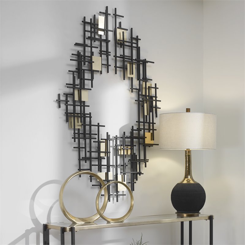 Uttermost Reflection Iron Metal Grid Wall Decor in Matte Black (Set of 2)