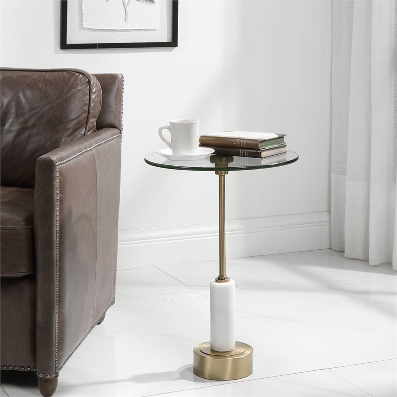 Uttermost Portsmouth Round Iron Metal and Marble Accent Table in Brass