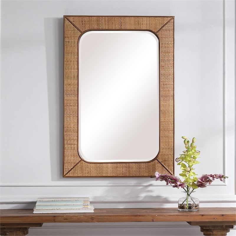 Uttermost Tahiti Coastal Style Rattan and Wood Mirror in Warm Maple Beige