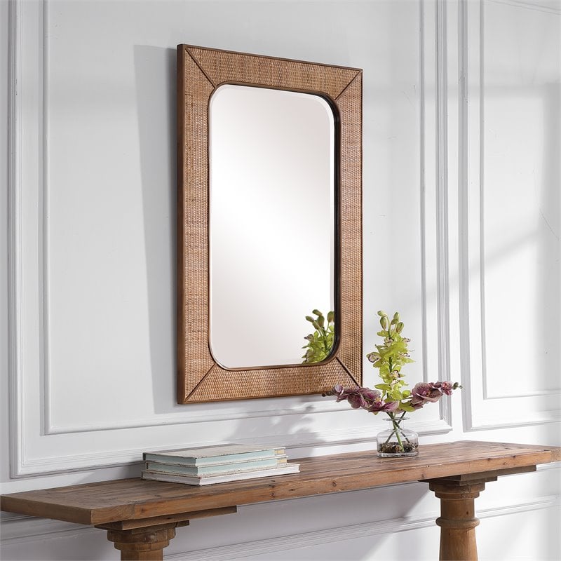 Uttermost Tahiti Coastal Style Rattan and Wood Mirror in Warm Maple Beige