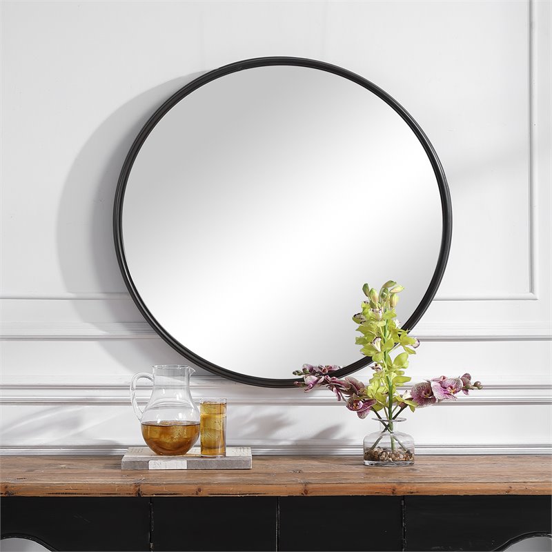 Uttermost Belham Round Solid Iron Metal and MDF Mirror in Aged Black