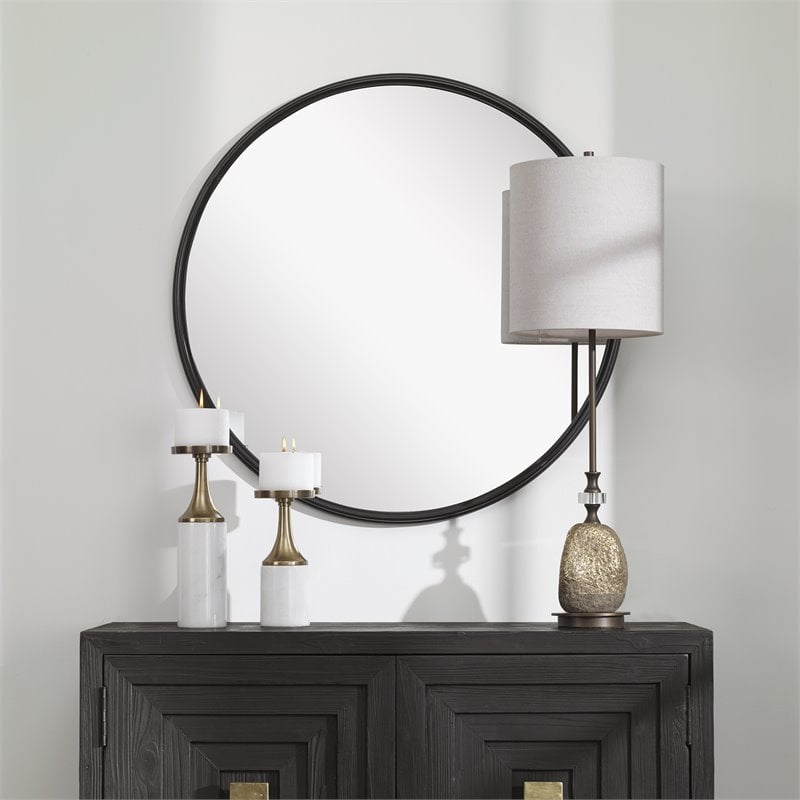 Uttermost Belham Round Solid Iron Metal and MDF Mirror in Aged Black