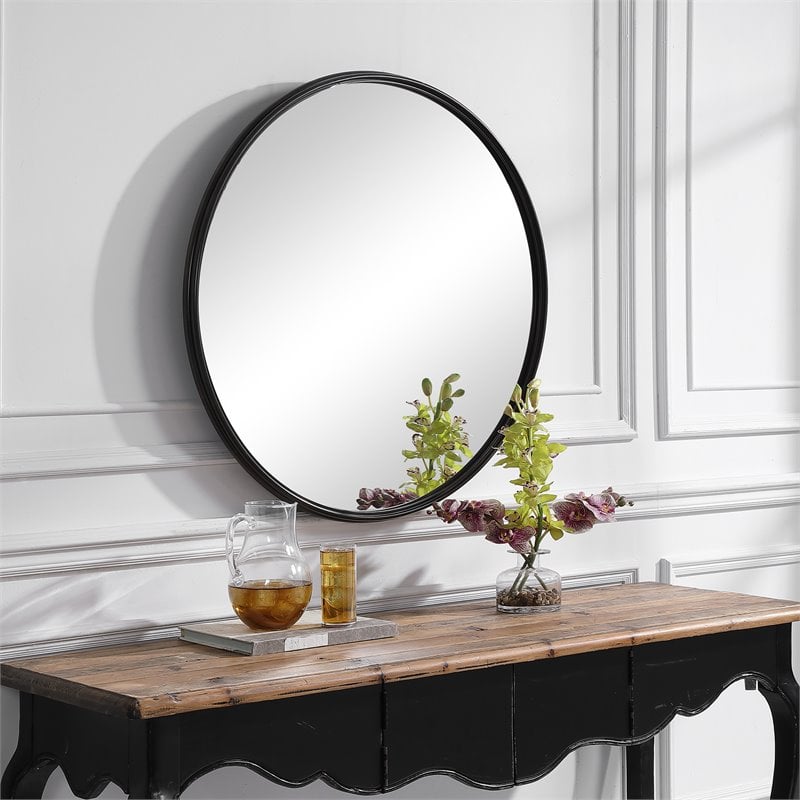 Uttermost Belham Round Solid Iron Metal and MDF Mirror in Aged Black