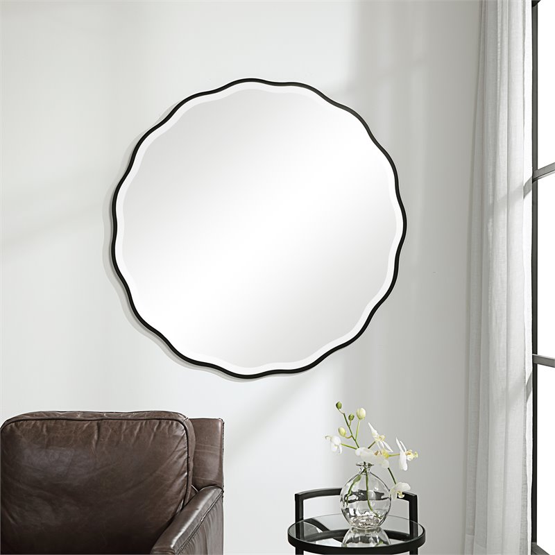Uttermost Aneta Round Feminine Scalloped Shape Wood Mirror in Satin Black