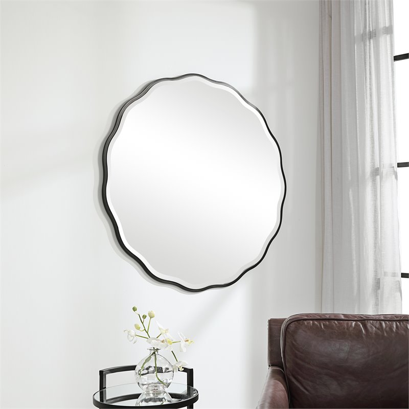 Uttermost Aneta Round Feminine Scalloped Shape Wood Mirror in Satin Black