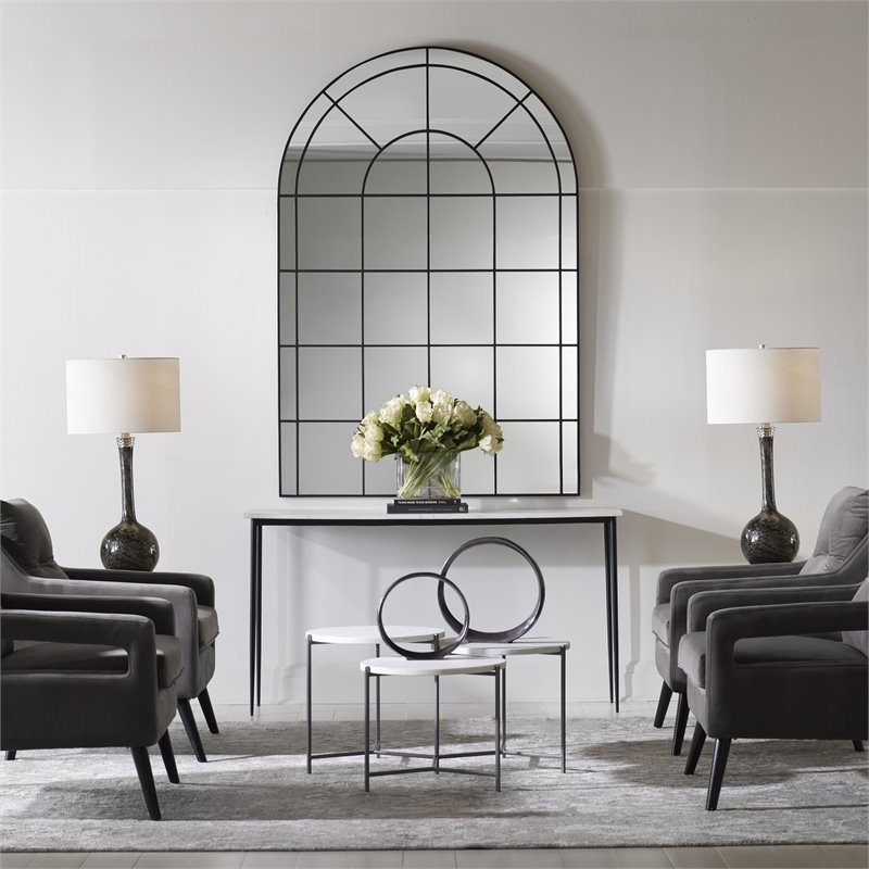 Uttermost Grantola Iron Metal and Glass Arch Mirror in Satin Black