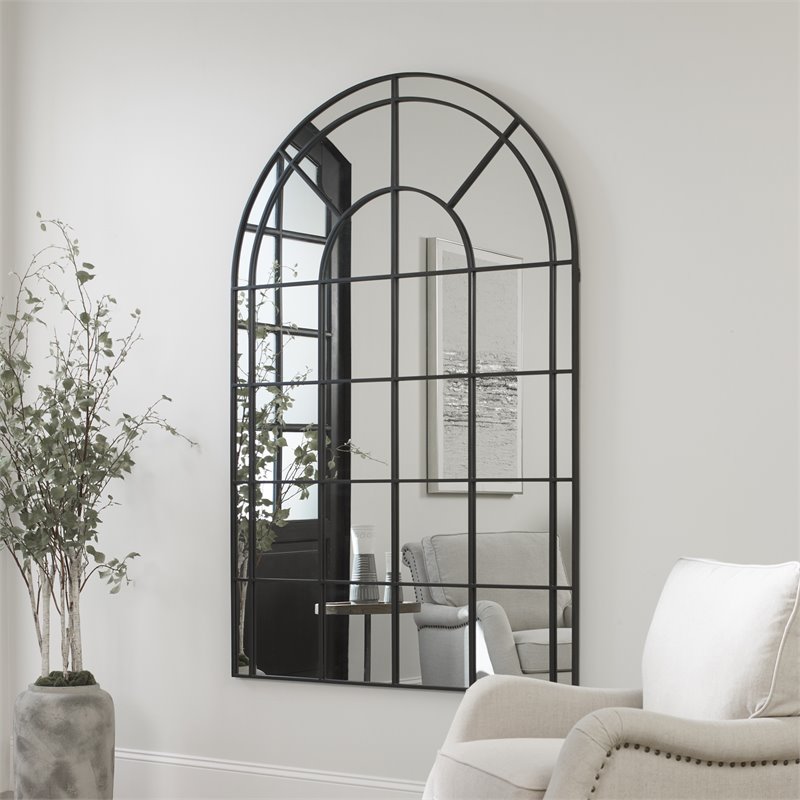 Uttermost Grantola Iron Metal and Glass Arch Mirror in Satin Black