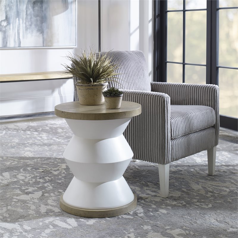 Uttermost Spool Geometric Wood Side Table with Light Honey Stain in Matte White