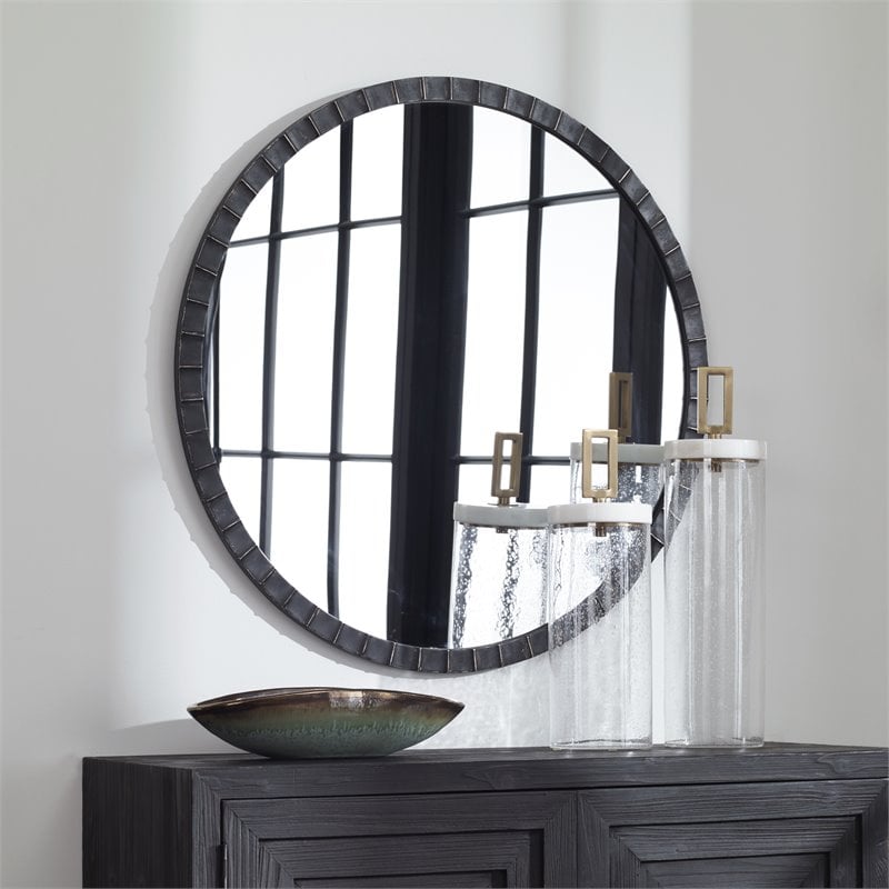 Uttermost Dandridge Round Iron Metal Mirror with Silver Undertones in Black
