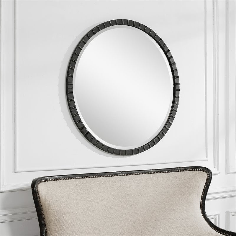Uttermost Dandridge Round Iron Metal Mirror with Silver Undertones in Black