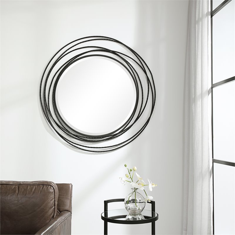 Uttermost Whirlwind Round Hand Forged Iron Metal Mirror in Satin Black