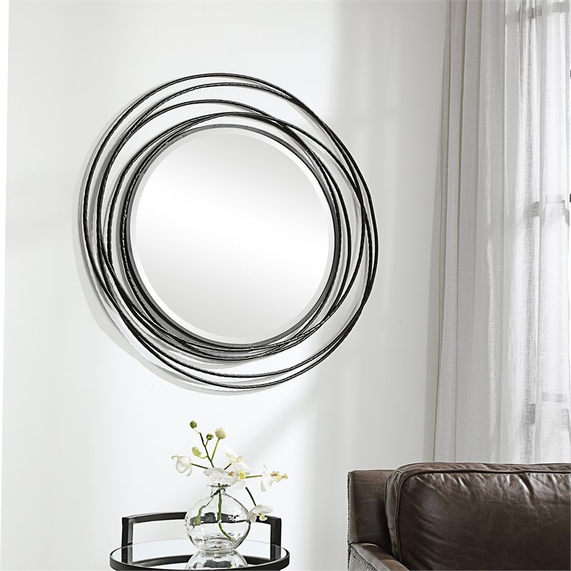 Uttermost Whirlwind Round Hand Forged Iron Metal Mirror in Satin Black