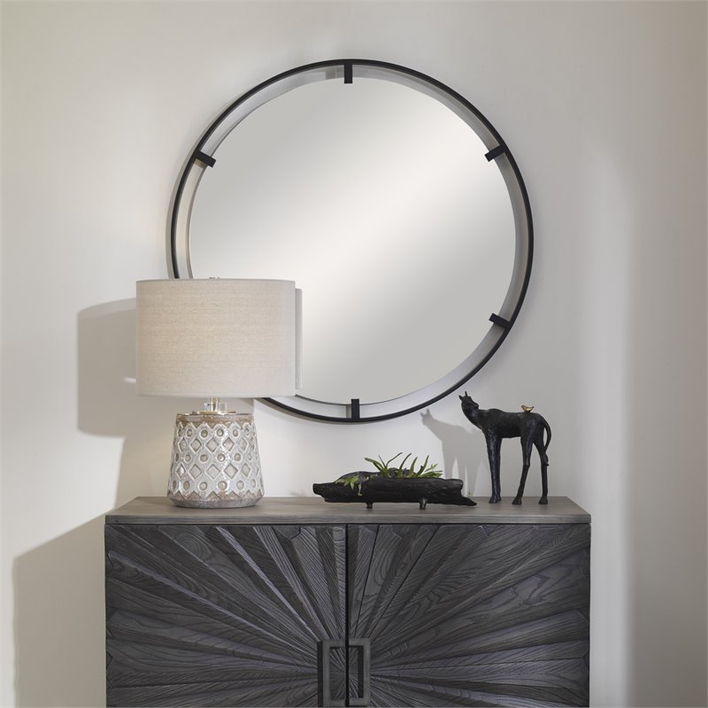 Uttermost Cashel Round Iron Metal and MDF Mirror in Sleek Satin Black