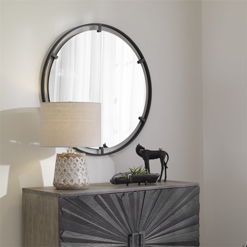 Uttermost Cashel Round Iron Metal and MDF Mirror in Sleek Satin Black