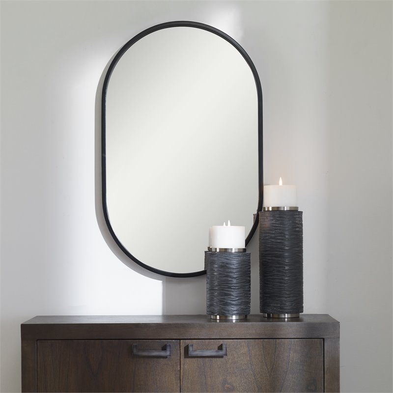 Uttermost Varina Oval Contemporary Iron Metal Mirror in Sleek Satin Black