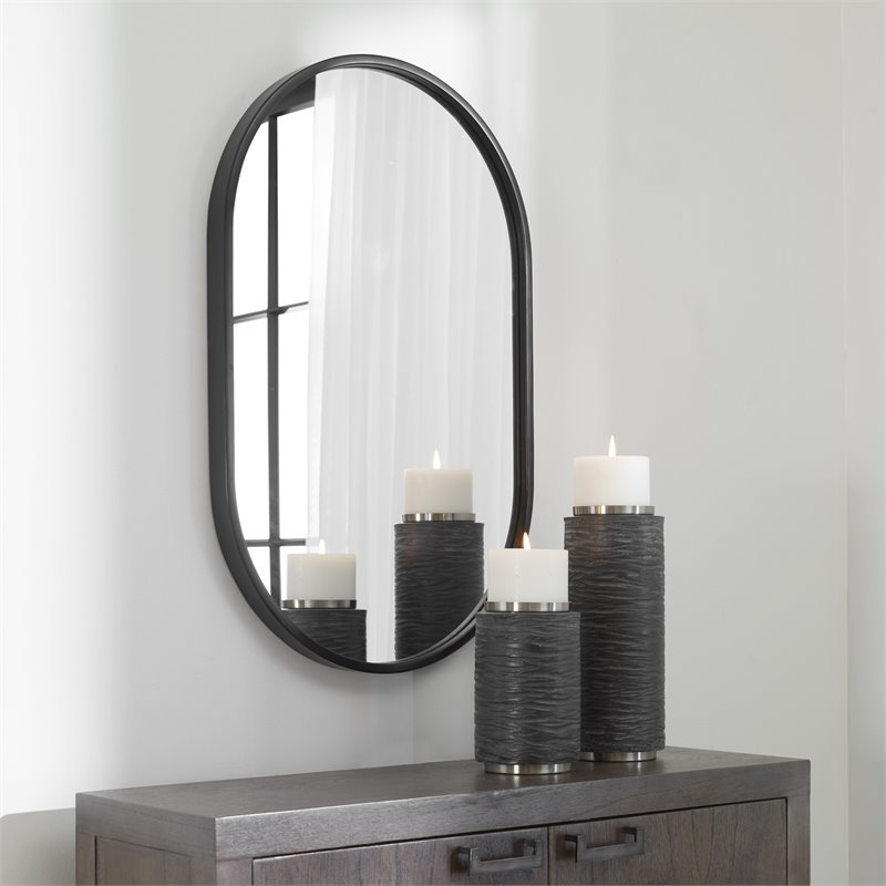 Uttermost Varina Oval Contemporary Iron Metal Mirror in Sleek Satin Black