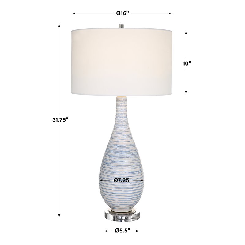 Uttermost Clariot Coastal Ceramic and Crystal Ribbed Table Lamp in  Blue/White