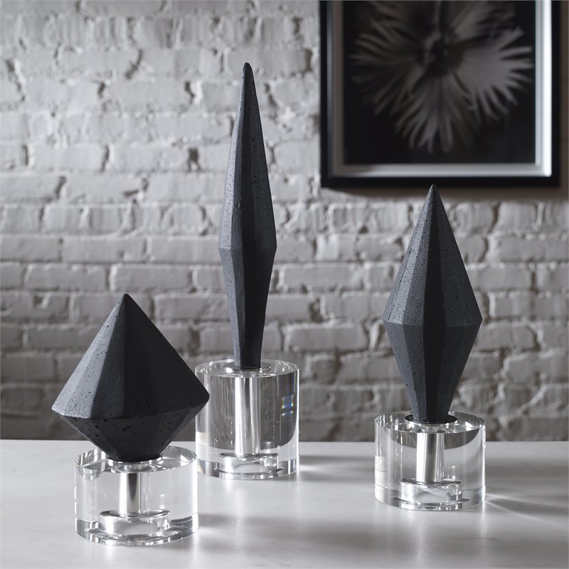Uttermost Alize Stone and Crystal Sculptures in Elegant Black (Set of 3)