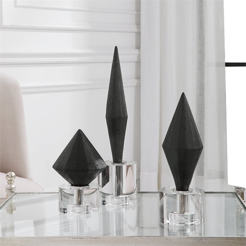 Uttermost Alize Stone and Crystal Sculptures in Elegant Black (Set of 3)