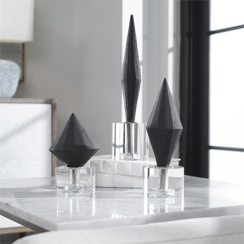 Uttermost Alize Stone and Crystal Sculptures in Elegant Black (Set of 3)