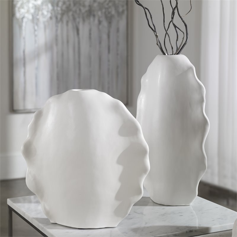 Uttermost Ruffled Coastal Earthenware Feathers Vases in Matte White (Set of 2)