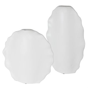 Uttermost Ruffled Coastal Earthenware Feathers Vases in Matte White (Set of 2)