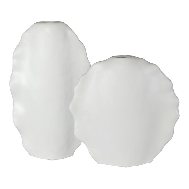 Uttermost Ruffled Coastal Earthenware Feathers Vases in Matte White (Set of 2)
