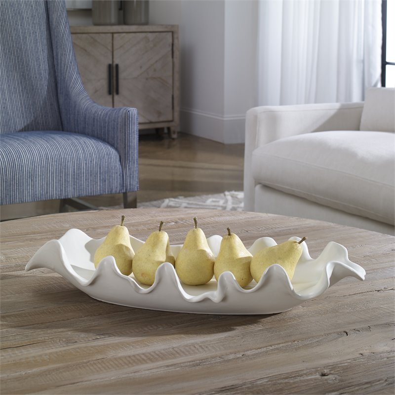 Uttermost Ruffled Coastal Earthenware Feathers Bowl in Matte White Glaze