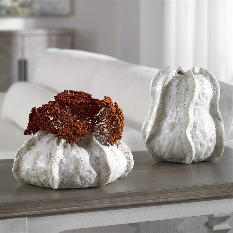 Uttermost Urchin Sand Textured Ceramic Vases in Ivory/Beige Glaze (Set of 2)