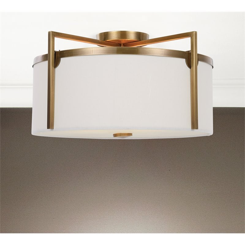 Uttermost Colfax 3-Light Steel Glass and Fabric Semi Flush in Antique Brass