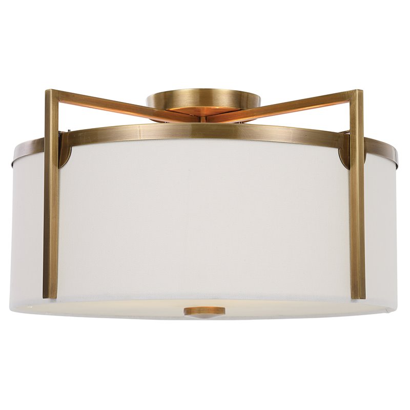 Uttermost Colfax 3-Light Steel Glass and Fabric Semi Flush in Antique Brass