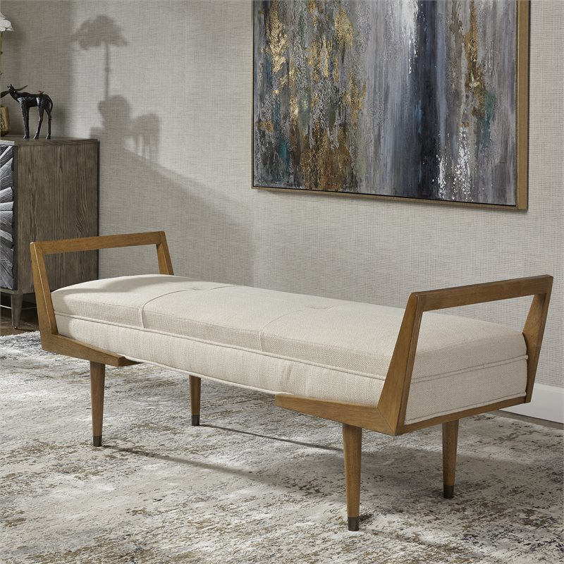 Uttermost Waylon Contemporary Birch Wood and Fabric Bench in Ivory
