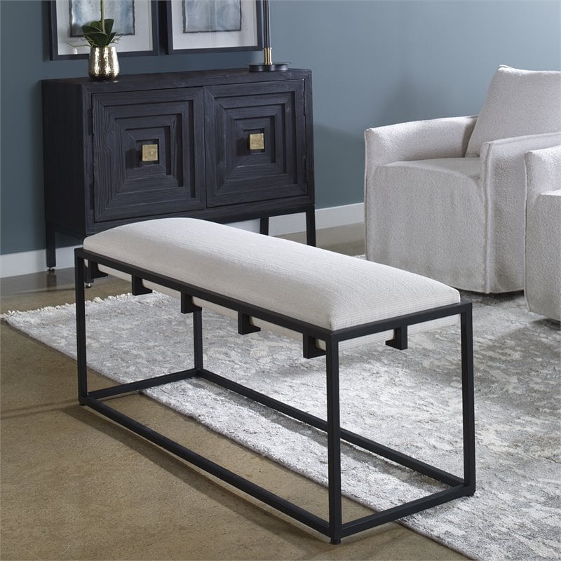 Uttermost Paradox Iron Metal and Fabric Bench in White/Matte Black