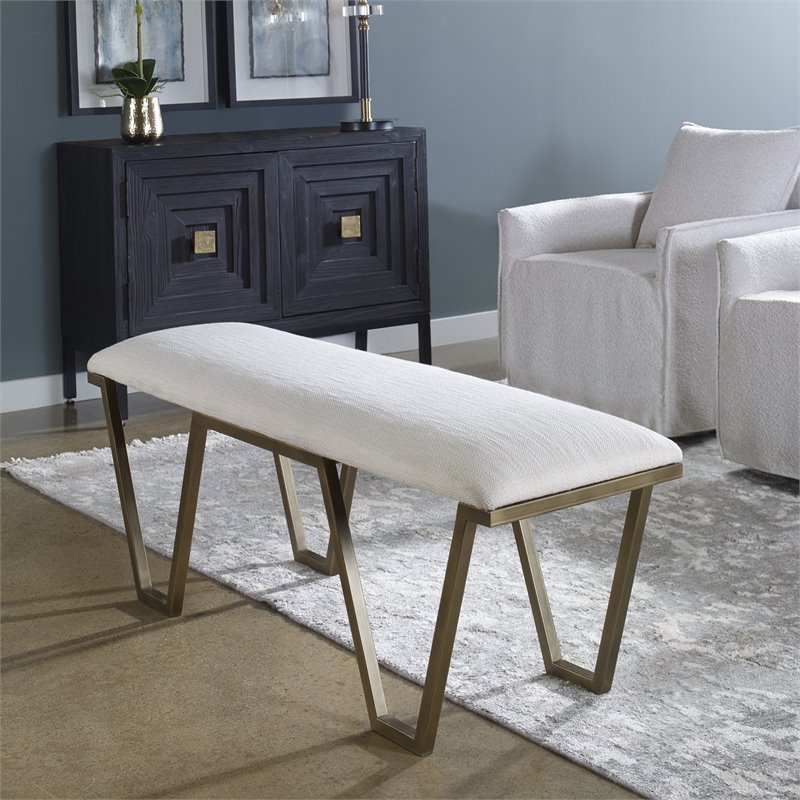 Uttermost Farrah Geometric Iron Metal Bench in White/Antique Gold