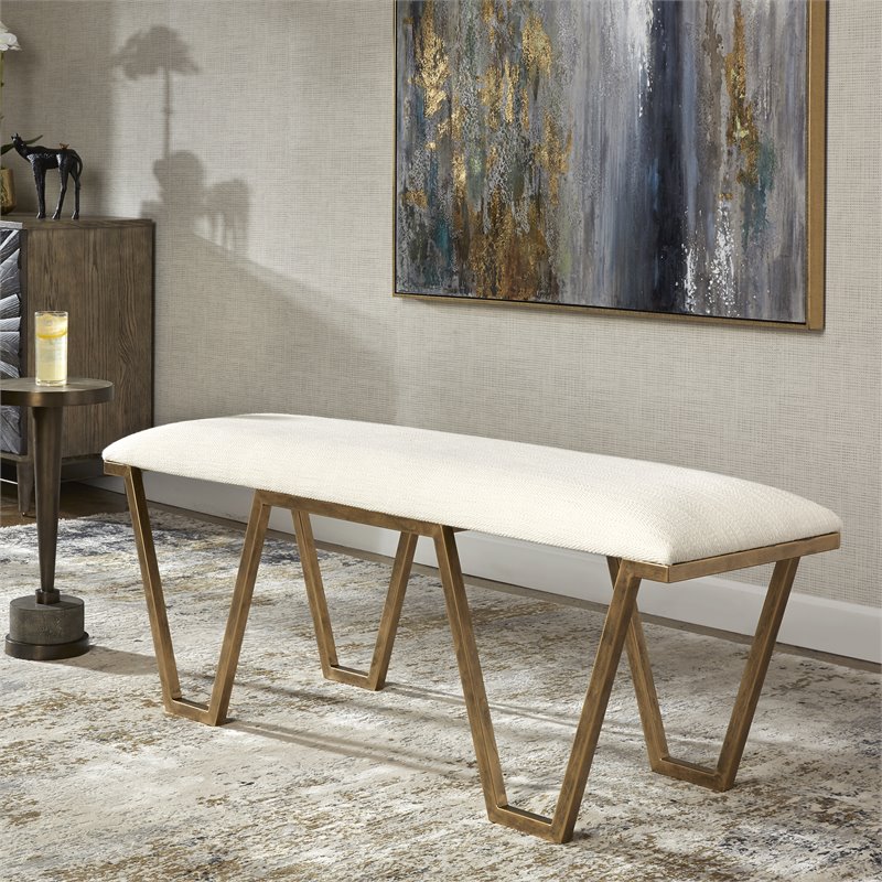 Uttermost Farrah Geometric Iron Metal Bench in White/Antique Gold