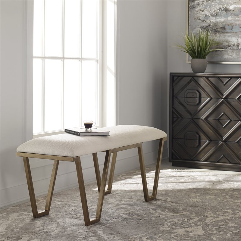 Uttermost Farrah Geometric Iron Metal Bench in White/Antique Gold