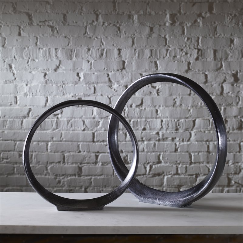 Uttermost Orbits Contemporary Aluminum Ring Sculptures in Nickel (Set of 2)