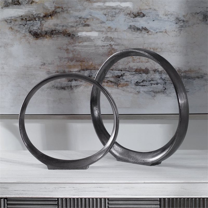 Uttermost Orbits Contemporary Aluminum Ring Sculptures in Nickel (Set of 2)