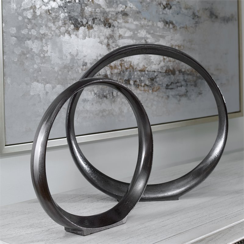 Uttermost Orbits Contemporary Aluminum Ring Sculptures in Nickel (Set of 2)