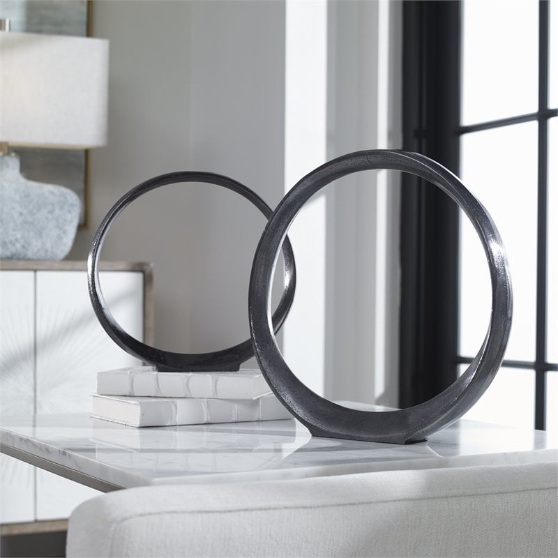 Uttermost Orbits Contemporary Aluminum Ring Sculptures in Nickel (Set of 2)
