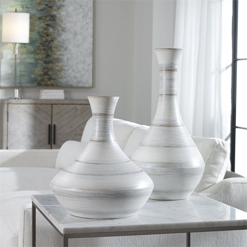 Uttermost Potter Fluted Striped Earthenware Vases in Ivory/Blue/Tan (Set of 2)