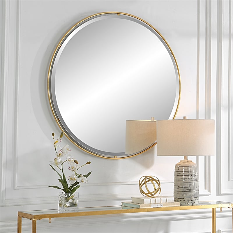 Uttermost Canillo Round Contemporary Iron Metal and MDF Mirror in Gold